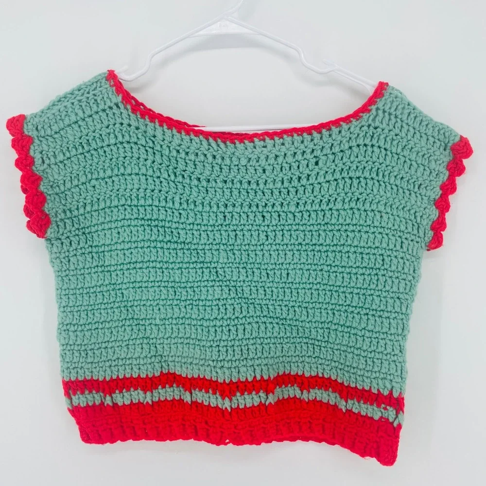 Handmade‎ Crochet Crop Top Mint Green Red Boho Festival Sleeveless Boat Neck